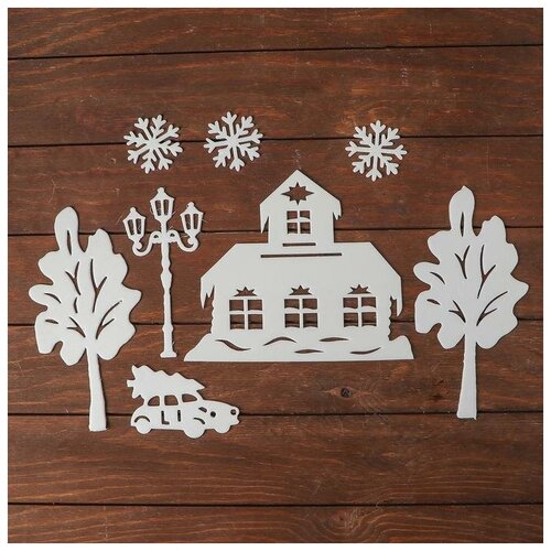 фото Набор декоративных наклеек "новогодняя атмосфера", 3 снежинки по 7 см, дом со звездой, фонар 5259996 сима-ленд