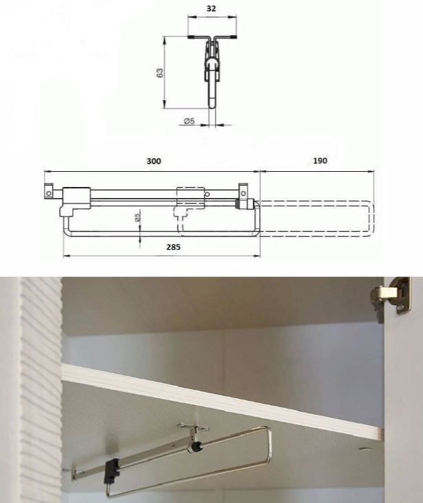 Штанга выдвижная для одежды в шкаф 300 мм, 1 шт