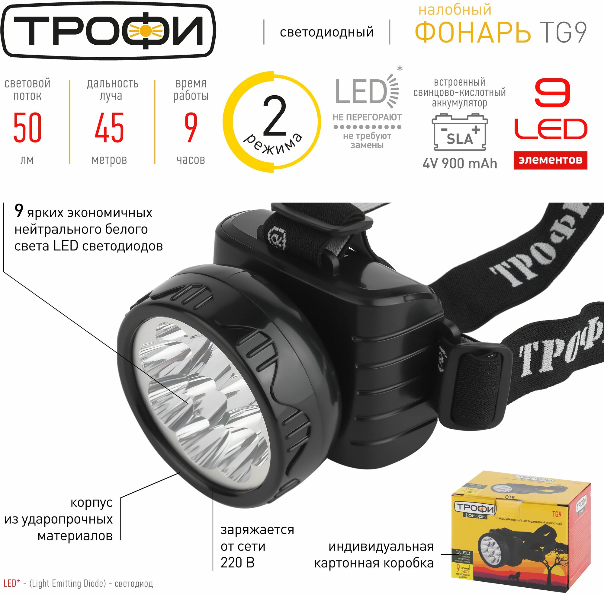 Фонарь светодиод налобный Аккум 4V0.9Ah 9LED ЗУ 220В TG9 Трофи