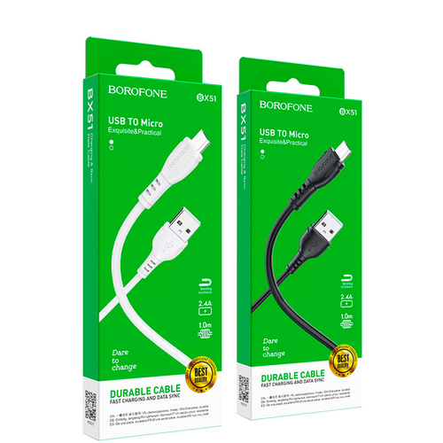 Кабель Micro USB с быстрой зарядкой/1м 2.4А Borofone BX51/Для микро юсб Чёрный