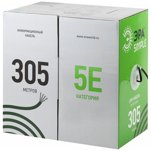 кабель витая пара u utp кат 5e 4х2х24awg solid cca pe outdoor simple черн м эра б0044436 Кабель UTP 4x2x24AWG Cat5e CCA PE OUTDOOR 305м SIMPLE ЭРА Б0044436 (упак.305 м.)