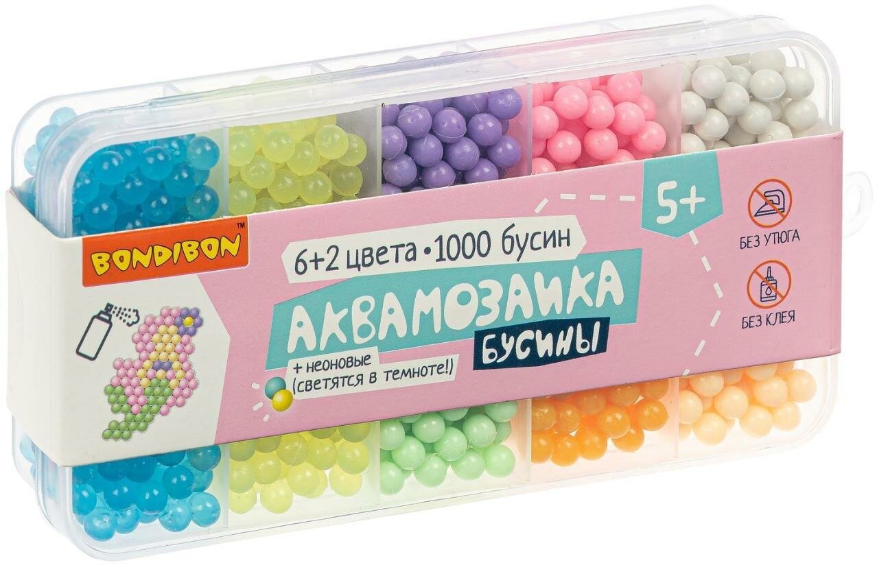 Набор для творчества BONDIBON. Аквамозаика бусины (6+2 цветов+ неоновые бусины, 1000 шт)