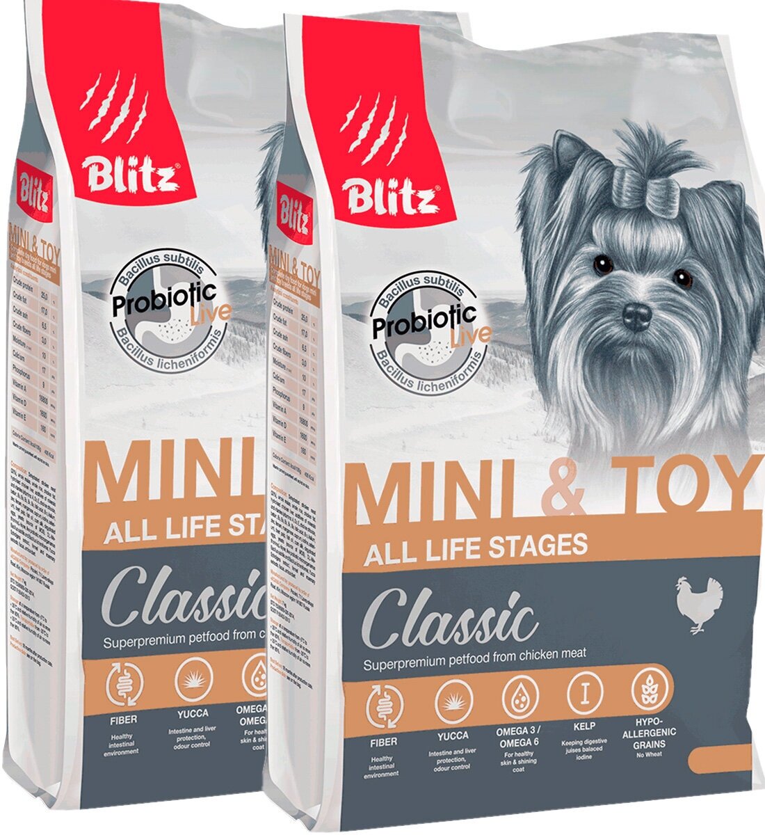 Сухой корм BLITZ CLASSIC ADULT MINI & TOY BREEDS CHICKEN для взрослых собак маленьких пород (0,5 + 0,5 кг)