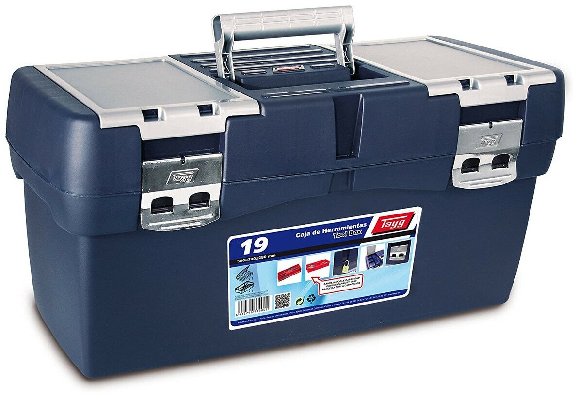 Ящик для инструмента TAYG №19, синий, с лотком, футляром, 2 органайзерами, метал. замки, 580х290х290 мм