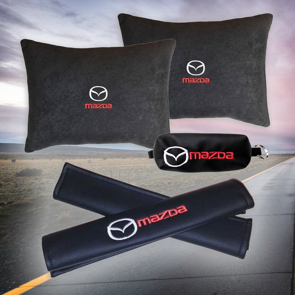 Подарочный набор автомобилиста из черного велюра для Mazda (мазда) (две автомобильные подушки ключница и накладки на ремень безопасности)