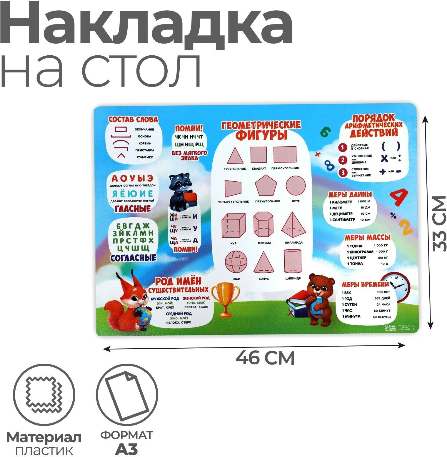 Накладка на стол пластиковая А3 (460 х 330 мм), Calligrata, "Русский язык/ Математика" 430 мкм, обучающая (1шт.)