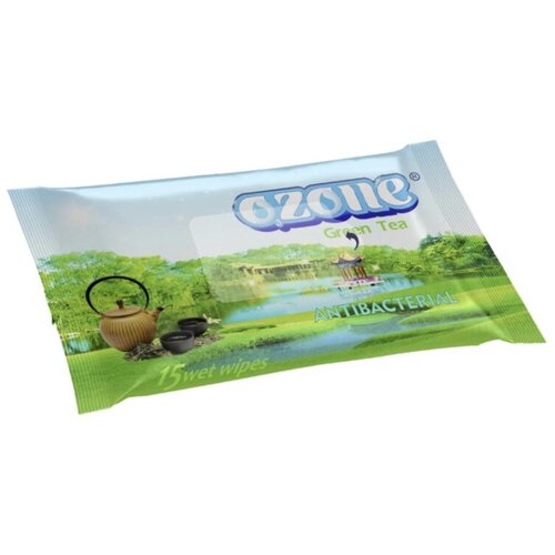 Влажные салфетки Ozone Антибактериальные зеленый чай, 15 штук в упак
