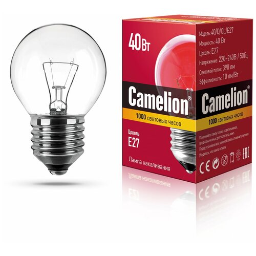Camelion Лампа накаливания E27 40Вт Camelion 40/D/CL/E27