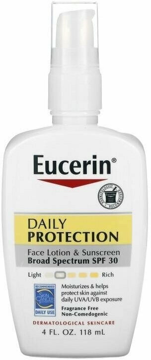 Eucerin, SPF 30, Увлажняющий лосьон для лица, ежедневная защита, защита от солнца, без запаха, 118 мл