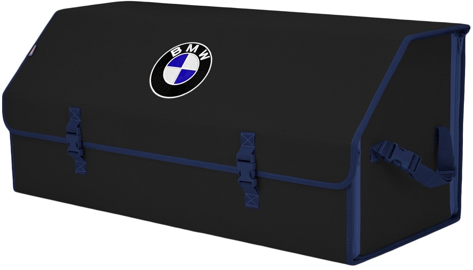 Органайзер-саквояж в багажник "Союз" (размер XXL). Цвет: черный с синей окантовкой и вышивкой BMW (БМВ).