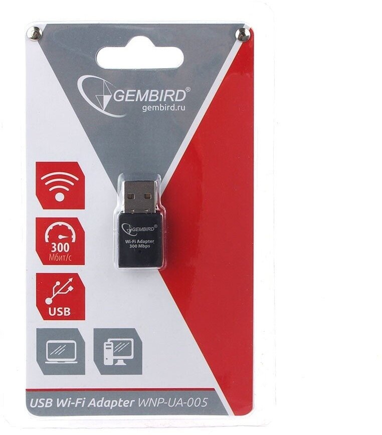 Сетевой адаптер WiFi Gembird WNP-UA-005 300Мбит USB 802.11b/g/n