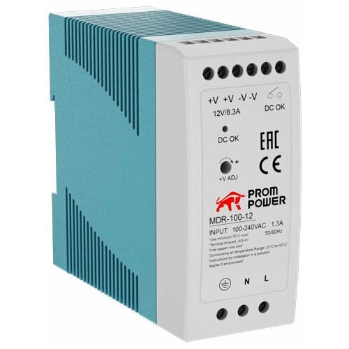 Источник питания Prompower MDR-100-12, на выходе 12 В DC, 8.3A, 100 Вт. Входное 85-264 В AC (120-370 В DC).