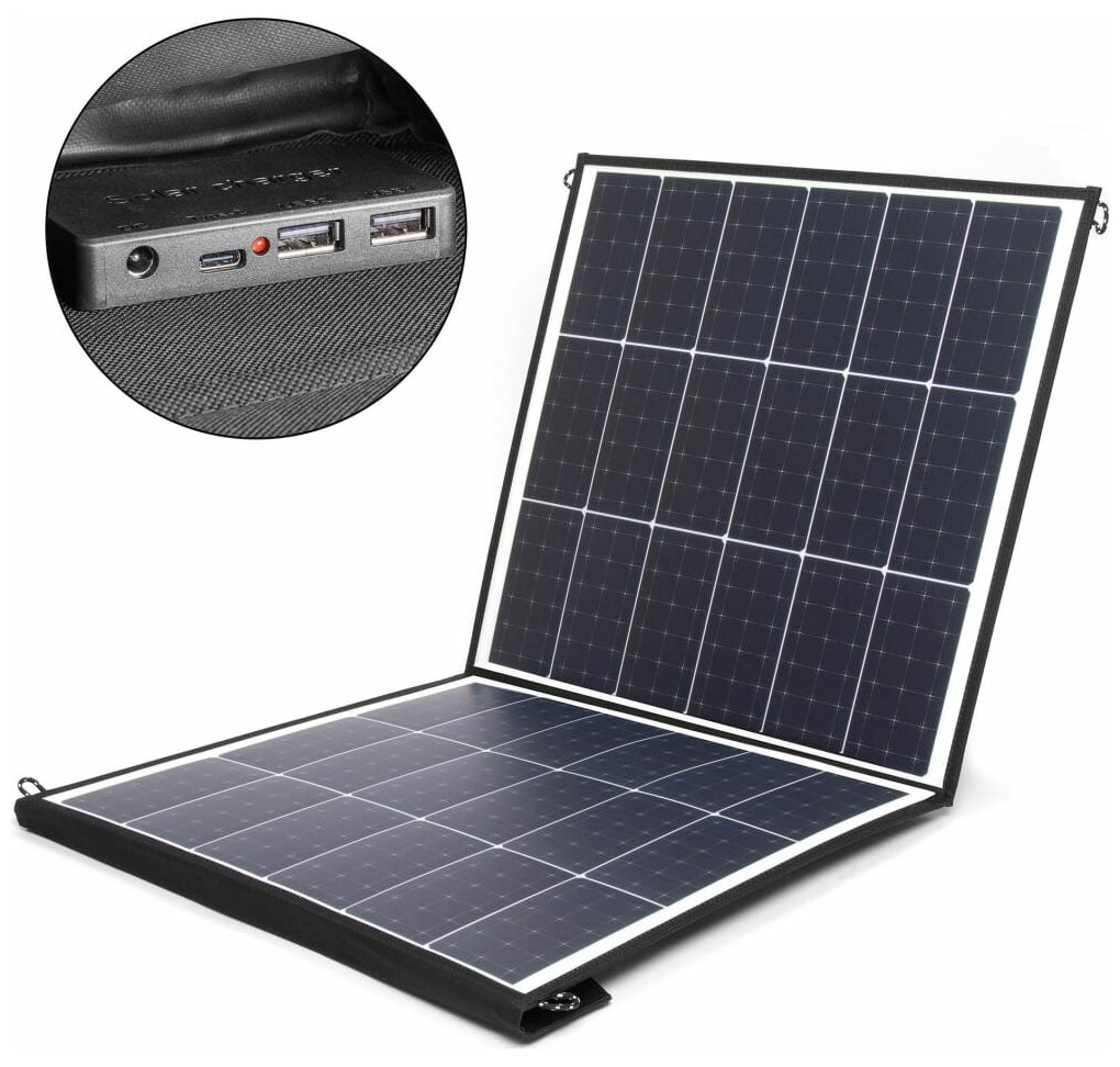 TopOn Солнечная батарея 100W 18V DC, Type-C PD 60W, USB QC3.0 18W, USB 12W, влагозащищенная, складная на 2 секции TOP-SOLAR-100