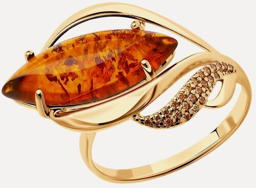 Изображение товара Кольцо, серебро, 925 проба, золочение, янтарь прессованный, фианит