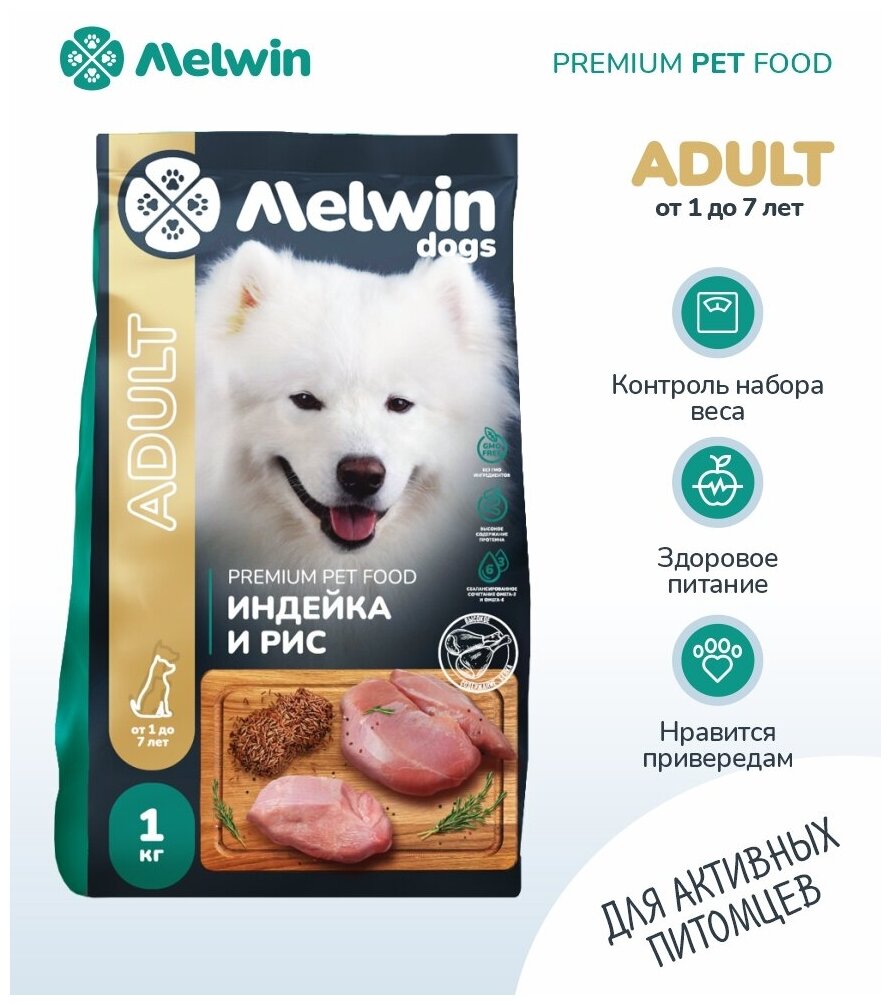 Сухой корм Melwin для собак от 1 до 7 лет индейка рис 1 кг
