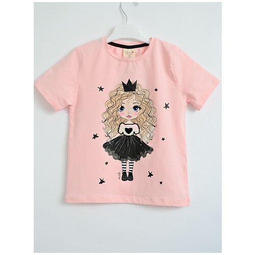 фото Футболка starfilex для девочки с коротким рукавом розовая с рисунком из хлопка, размер 110