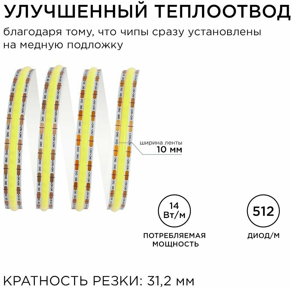 Светодиодная лента Apeyron 14W/m 512Led/m COB теплый белый 5M - фото №6