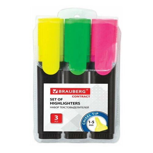 Комплект 100 шт Набор текстовыделителей BRAUBERG 3 шт ассорти Contract линия 1-5 мм 150395 21822₽
