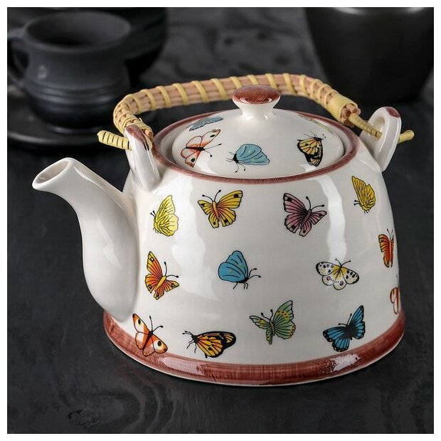 Чайник керамический заварочный с металлическим ситом "Бабочки", 900 мл
