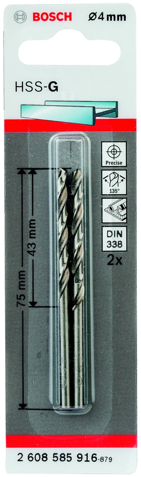 Набор сверл по металлу Bosch HSS-G 4x75x43 мм, 2 шт. 2608585916