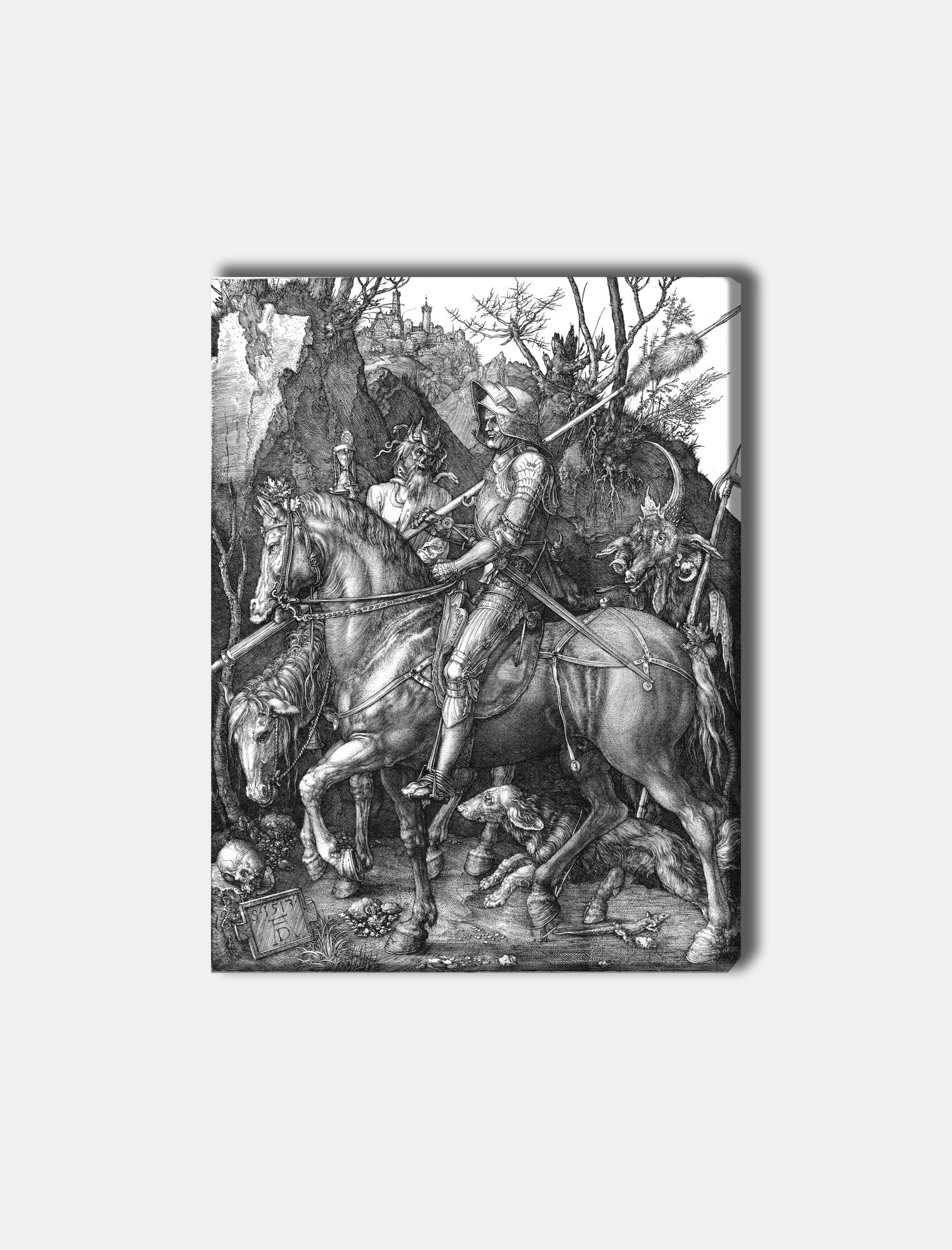 Картина для интерьера на холсте Альбрехта Дюрера "Рыцарь, смерть и дьявол" 60х80, холст натянут на подрамник