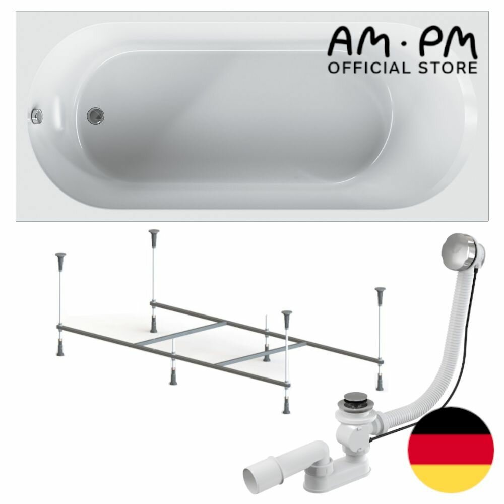 Ванна акриловая AM.PM X-Joy 180x80 комплект 3 в 1: ванна, каркас и слив-перелив хром; анатомическая форма, усиленный корпус, гарантия 15 лет,