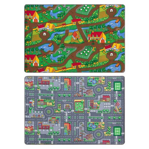 Ковер на пол 1,4 на 2 м в детскую, двусторонний, игровой, разноцветный Playmat DUO City Grey+Farm