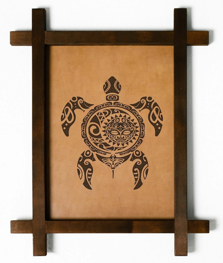 Картина "Абстракция черепаха", интерьерная для украшения и декора на стену в деревянной раме, подарок, натуральная кожа, BoomGift