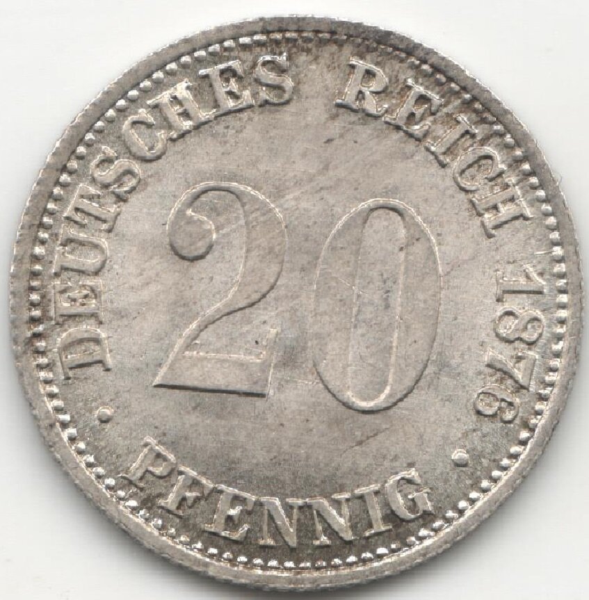 (1876A) Монета Германия (Империя) 1876 год 20 пфеннингов Серебро Ag 900 UNC