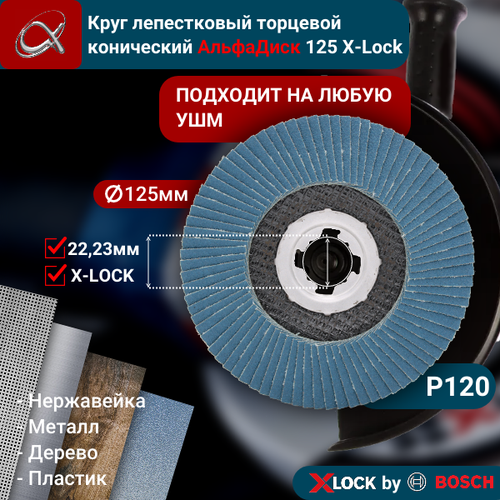 Круг лепестковый торцевой (КЛТ) АльфаДиск X-lock P120 125 мм (конический) 5283