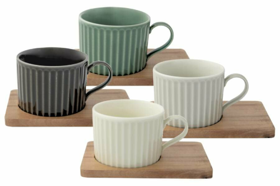 Набор из 4-х чашек для чая Время отдыха чёрная зеленая светло-серая и светло-оливковая 025 л (Easy Life)