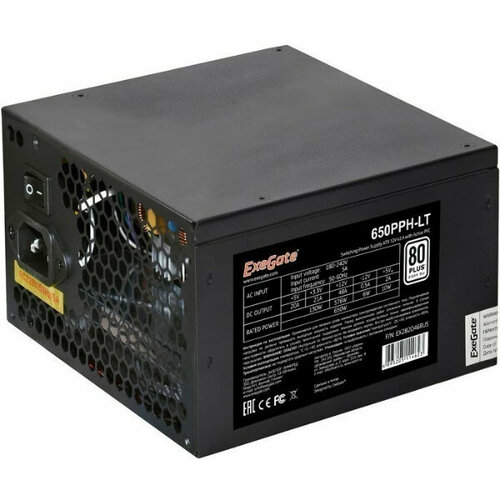 Блок питания 650W ExeGate 80 PLUS 650PPH-LT-S-OEM ATX APFC КПД 82 80 PLUSSC 12cm fan 24pin 44pin PCIe 5xSATA 3xIDE black кабель 220V 432900₽