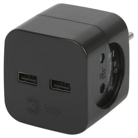 Эра Б0049535 Разветвитель электрический SP-2-USB-B на 2 розетки 220V + 2xUSB 2400mA, без заземл 10А черный