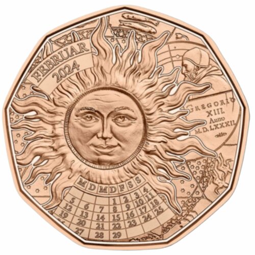 Монета 5 евро Счастливый високосный год. Новогодние монеты. Австрия 2024 UNC