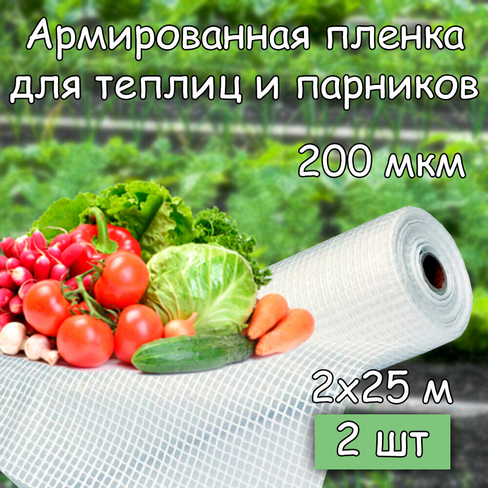 2 штуки армированных пленок для теплиц и парников 2х25 м, УФ стабильная, 200 мкм