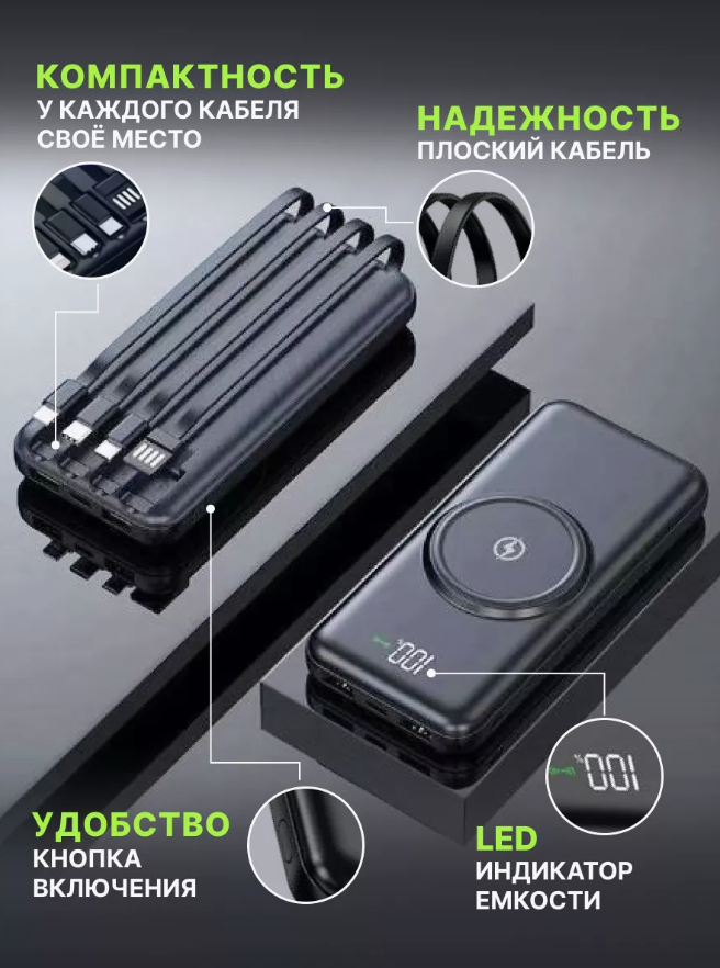 Power Bank TexnoPro 4 в 1 20000 mAh/Беспроводная зарядка /Внешний аккумулятор 20000mAh /Type-C, Lightning, Micro-USB, USB/Чёрный
