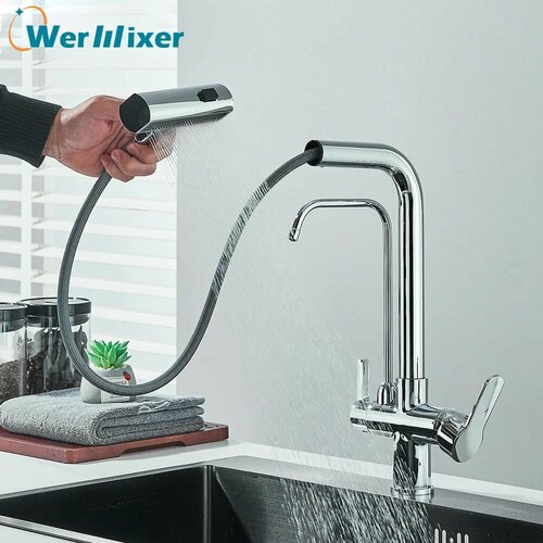 Смеситель с краном питьевой воды для кухни, латунь, хром