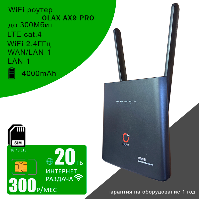 Роутер OLAX AX9 PRO black I АКБ 4000mAh I сим карта с интернетом и раздачей 20ГБ за 320р/мес