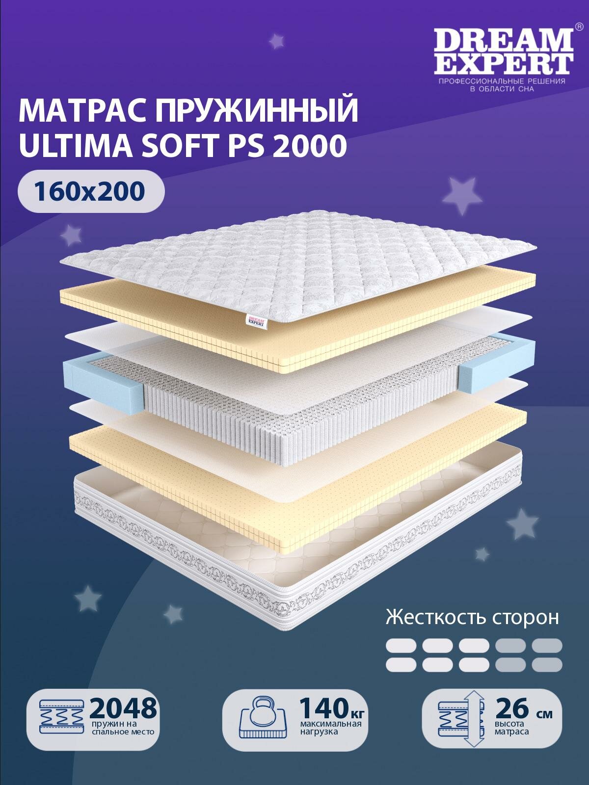 Матрас DreamExpert Ultima Soft PS2000 средней жесткости, двуспальный, независимый пружинный блок, на кровать 160x200