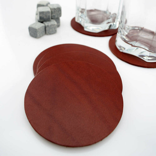 Бирдекель для кружек, набор из натуральной кожи, костеры под бокалы, подставки под стаканы и чашки, подстаканники на стол для сервировки, круглые подложки, коричневый, диаметр 10 см, 6шт