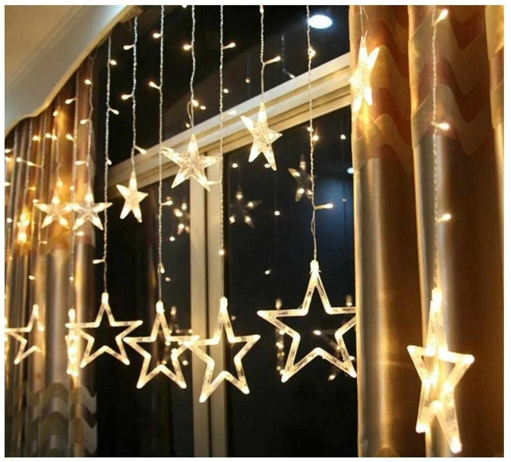 Новогодние украшения светодиодная гирлянда занавес штора звезды размер 250х100 желтый свет