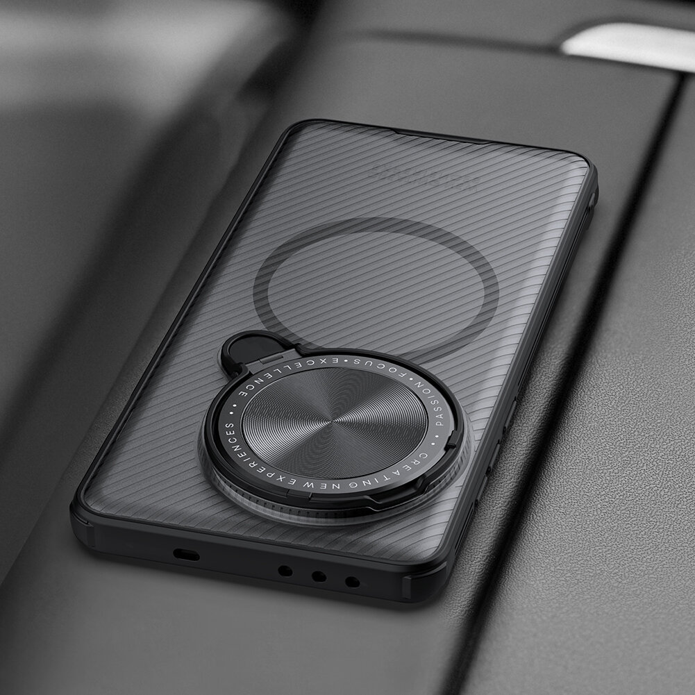 Чехол прозрачный тонированный (Transparent Black) от Nillkin с металлической крышкой и MagSafe на OnePlus 13, серия CamShield Prop Magnetic Case — фото 1