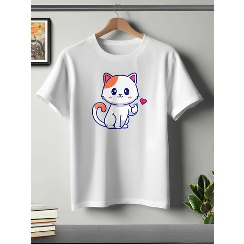 фото Футболка oneq унисекс 60-62 (4xl) размер с принтом котенок, белая, размер 4xl, белый