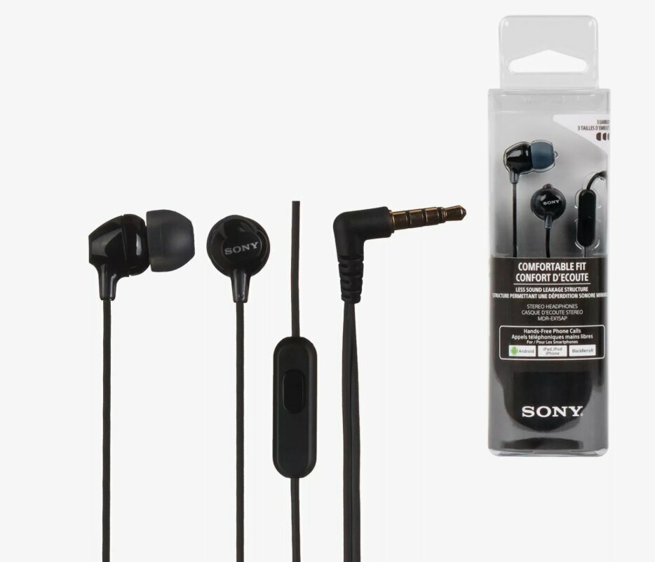 Наушники Sony MDR-EX15AP, с микрофоном, проводные, разъем Mini Jack 3.5, черные