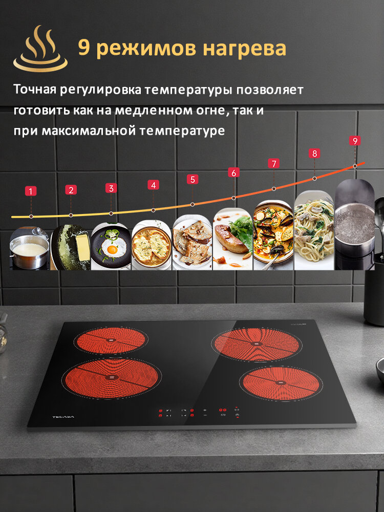 Варочная панель Tecasa TCH59BB, Сенсорное управление, Мощность 6000 Вт, Таймер, функция Boost, 4 конфорки, 9 уровней мощностей — фото 1