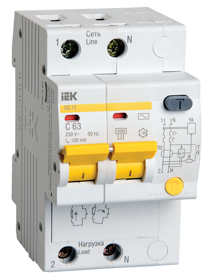 Выключатель автоматический дифференциального тока 2п C 63А 100мА тип AC 4.5кА АД-12 MAD10-2-063-C-100 IEK