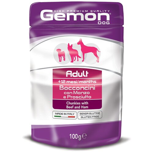 Gemon Dog Pouch паучи для собак кусочки говядины с ветчиной 100г (12 шт в упаковке)