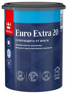 <b>Краска</b> акриловая Tikkurila Euro Extra 20 влагостойкая моющаяся полуматовая <span>от поверхностей которых требуется повышенная  стойкость к мытью и износу: зрелищных и спортивных сооружений</span>