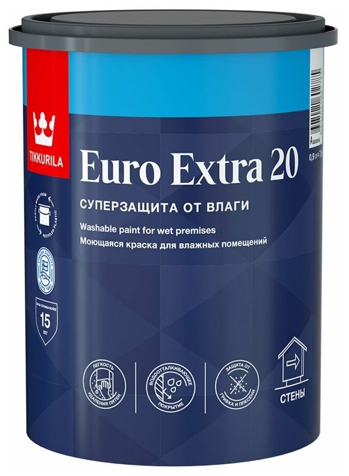 Краска моющаяся Tikkurila Euro Extra 20 для влажных помещений база А 0.9 л