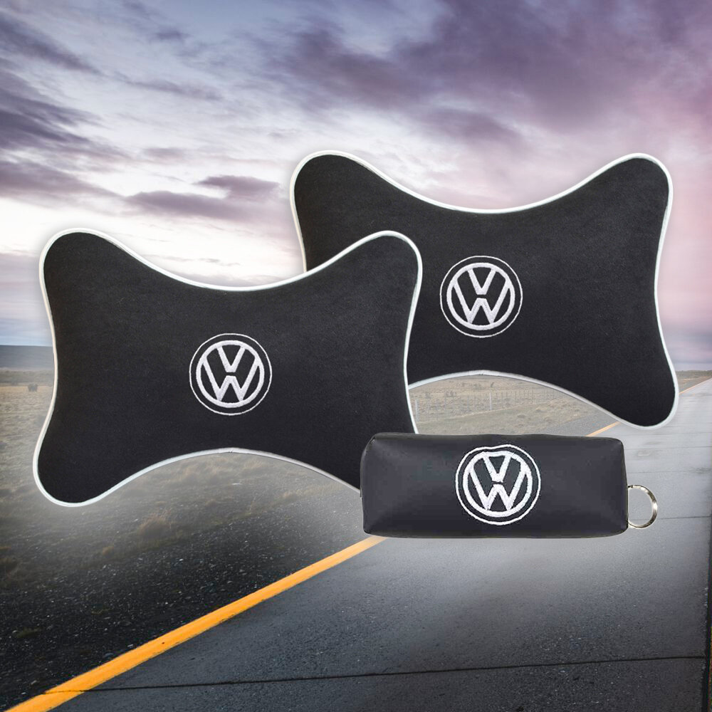 Подарочный набор автомобилиста из черного велюра для Volkswagen (фольцваген) (две подушки под шею на подголовник и ключница)